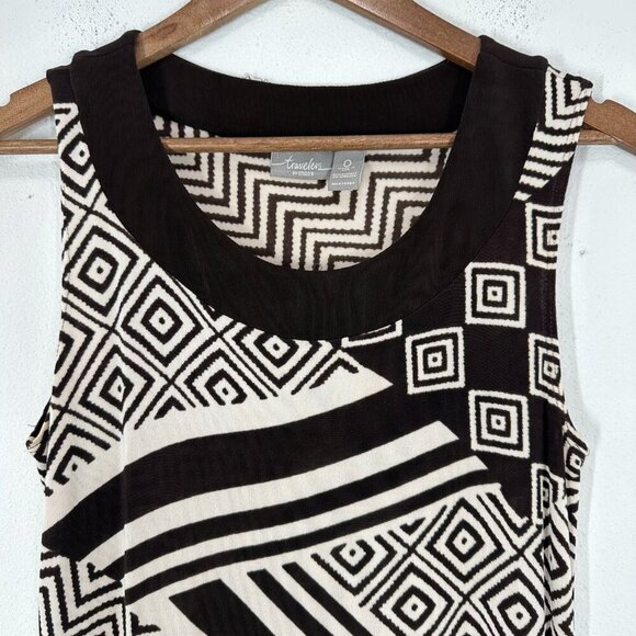 Chico's Travelers Size Small Slinky Liquid Knit Brown Beige Geometric Print Maxi - Picture 7 of 8